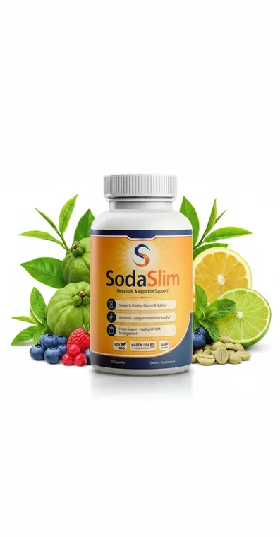 SodaSlim weight management capsule bottle surrounded by its label botanicals: green tea leaves, garcinia cambogia fruit, green coffee beans, raspberries and citrus