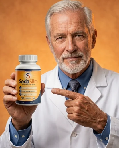 Marketing photograph supplied by the manufacturer showing a man in a white coat holding a SodaSlim bottle