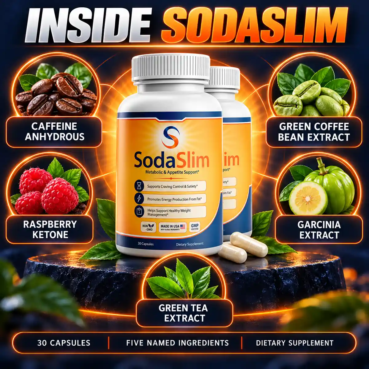 The INSIDE SODASLIM graphic naming caffeine anhydrous, green coffee bean extract, raspberry ketone, garcinia extract and green tea extract