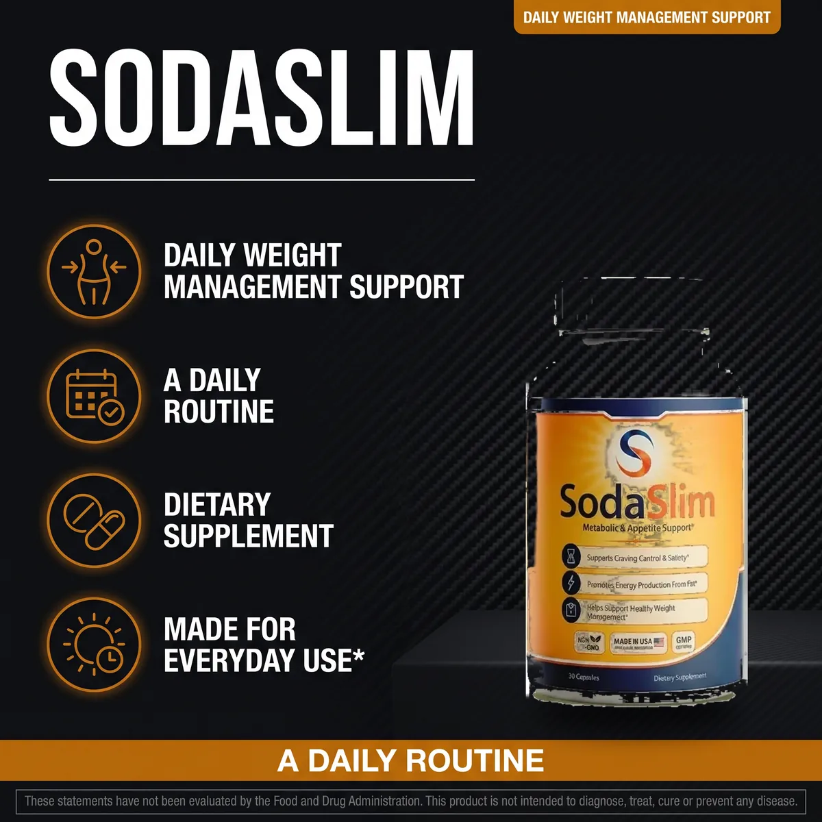 A SodaSlim listing graphic reading daily weight management support, a daily routine, dietary supplement, made for everyday use