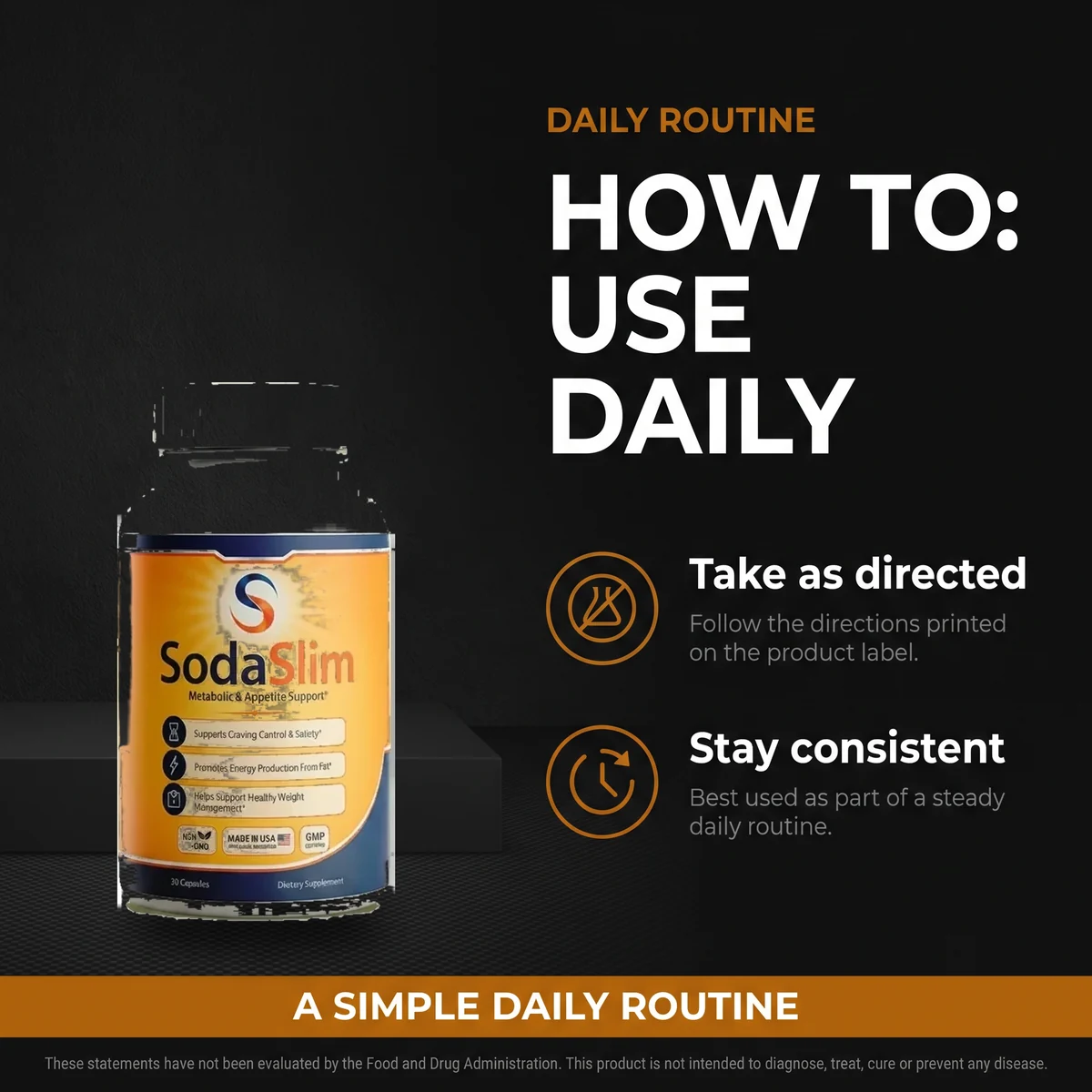 A SodaSlim listing graphic headed how to use daily, with take as directed and stay consistent