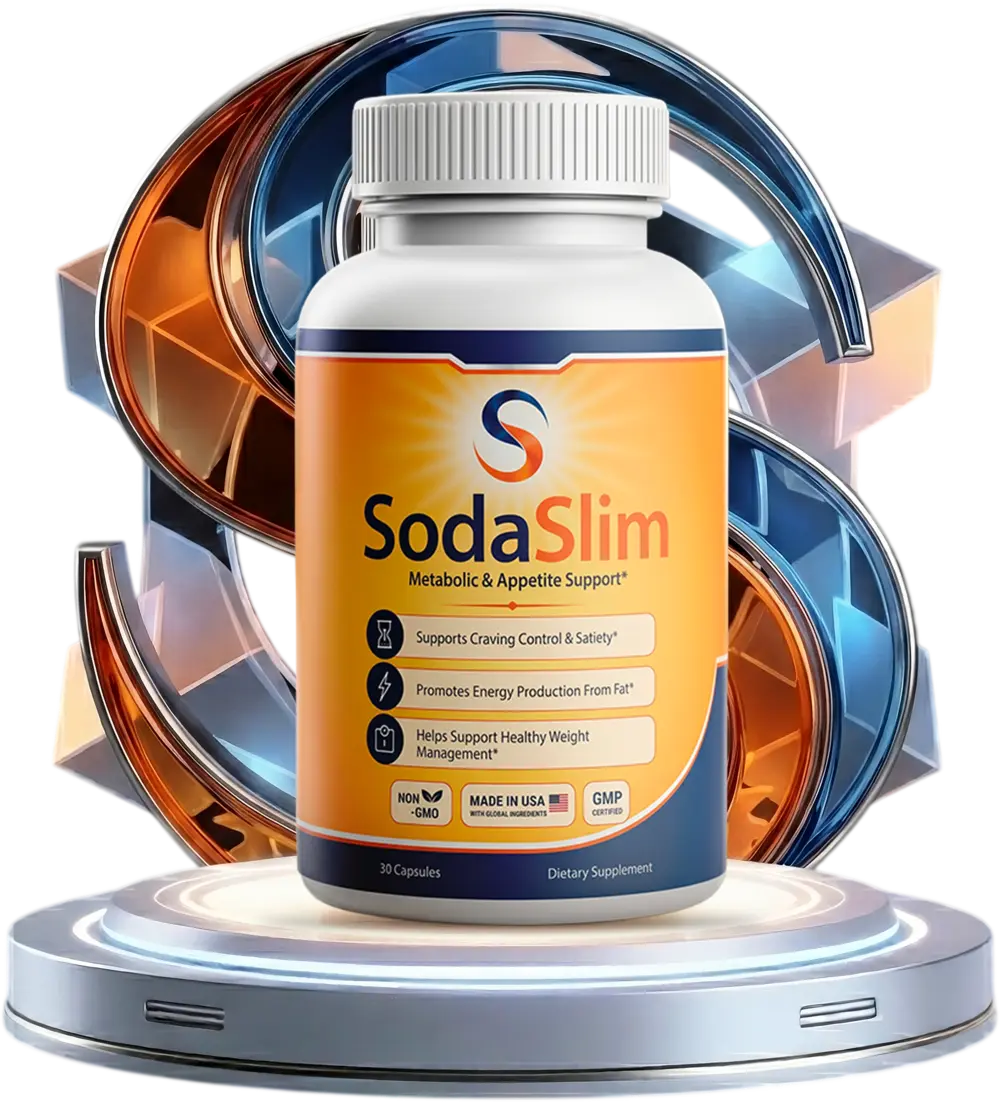 SodaSlim metabolic and appetite support bottle displayed on a product plinth